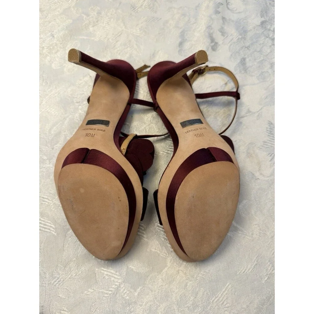Badgley Mischka Heels Womens Randee Ruffle Flower Ankle Strap Satin Dark Red 10M